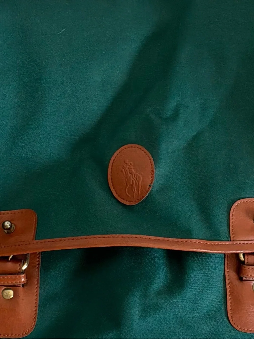 Polo Ralph Lauren Green Canvas Messenger Laptop Bag Brown Leather Trim